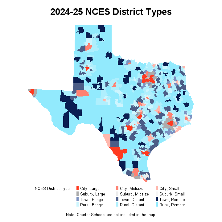 2024-25 NCES District Types. A map image of the state of Texas showing district type for each district.