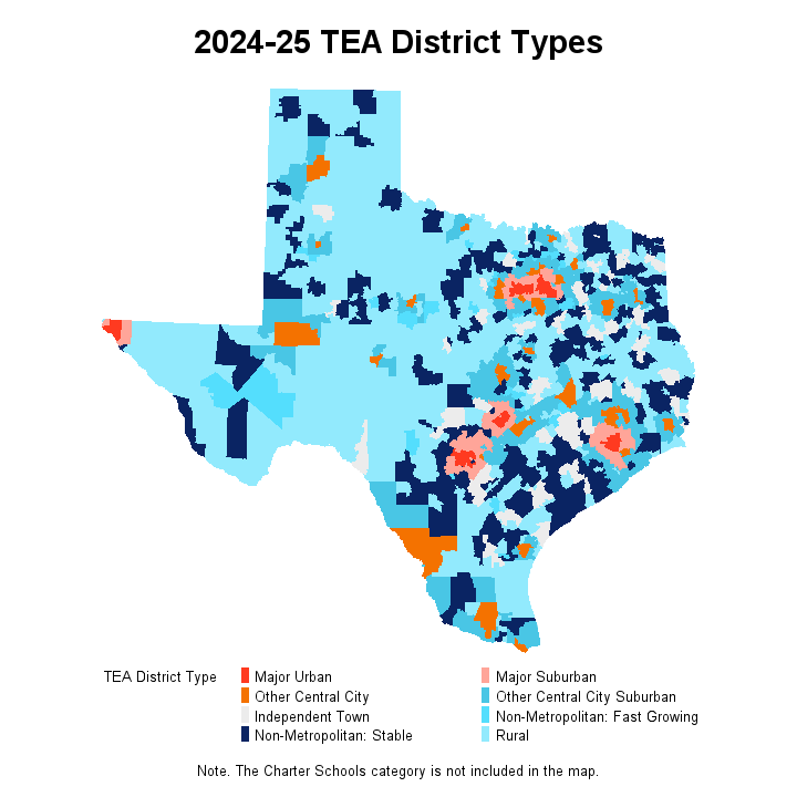2024-25 TEA District Types. A map image of the state of Texas showing district type for each district.