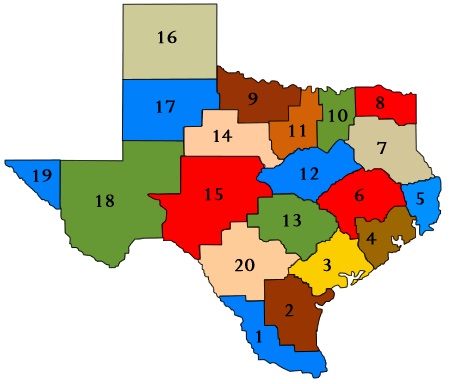 A map with the 20 Education Service Centers (ESCs) in Texas.