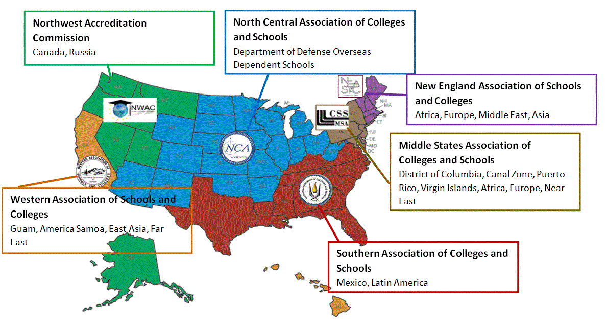 Map of Regional Accrediting Associations, NWAC NCA, NEASC, CSSMSA, SACS, WASC
