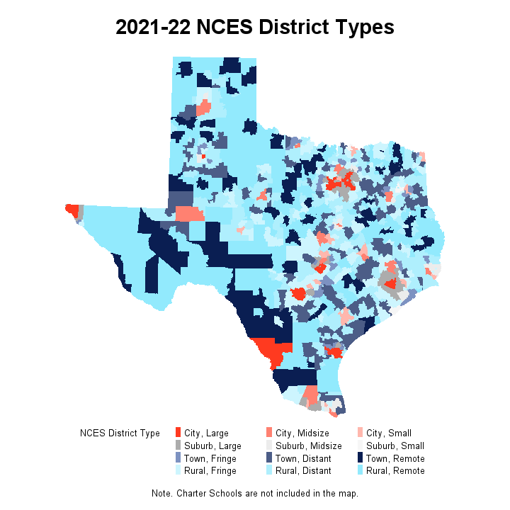 2021-22 NCES District Types. A map image of the state of Texas showing district type for each district.