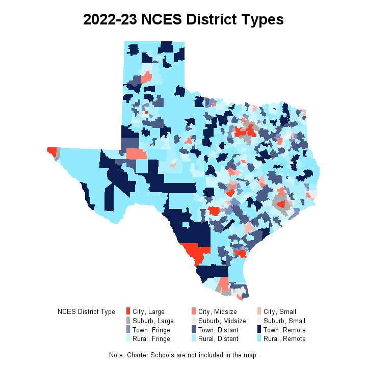 2022-23 NCES District Types. A map image of the state of Texas showing district type for each district.