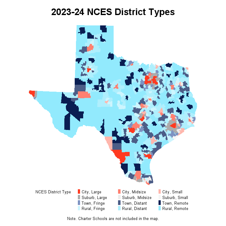 2023-24 NCES District Types. A map image of the state of Texas showing district type for each district.