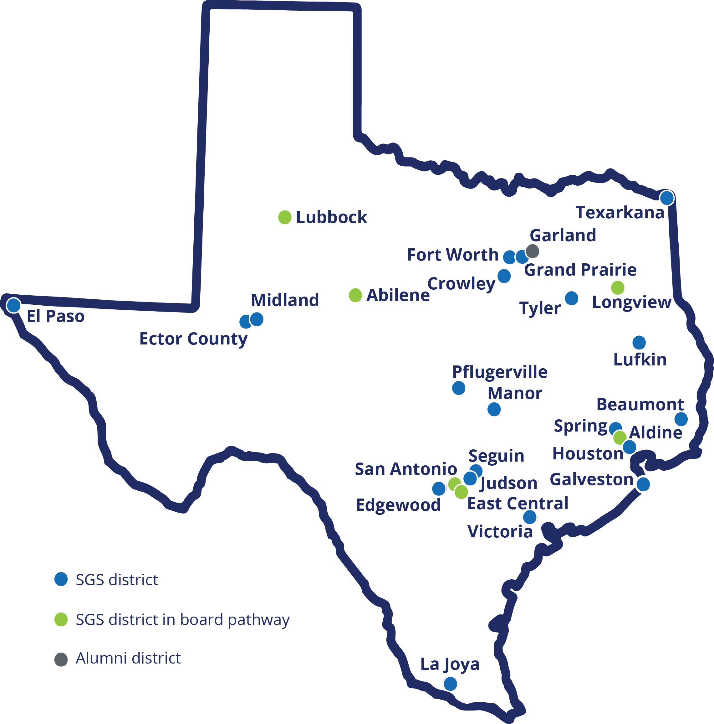 Map of Texas with System of Great Schools labeled. 
