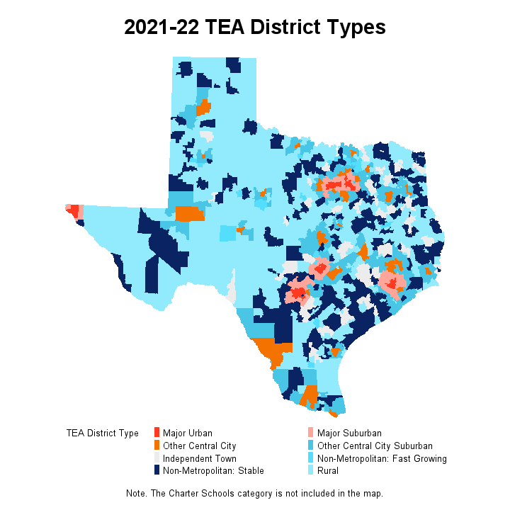 2021-22 TEA District Types. A map image of the state of Texas showing district type for each district.