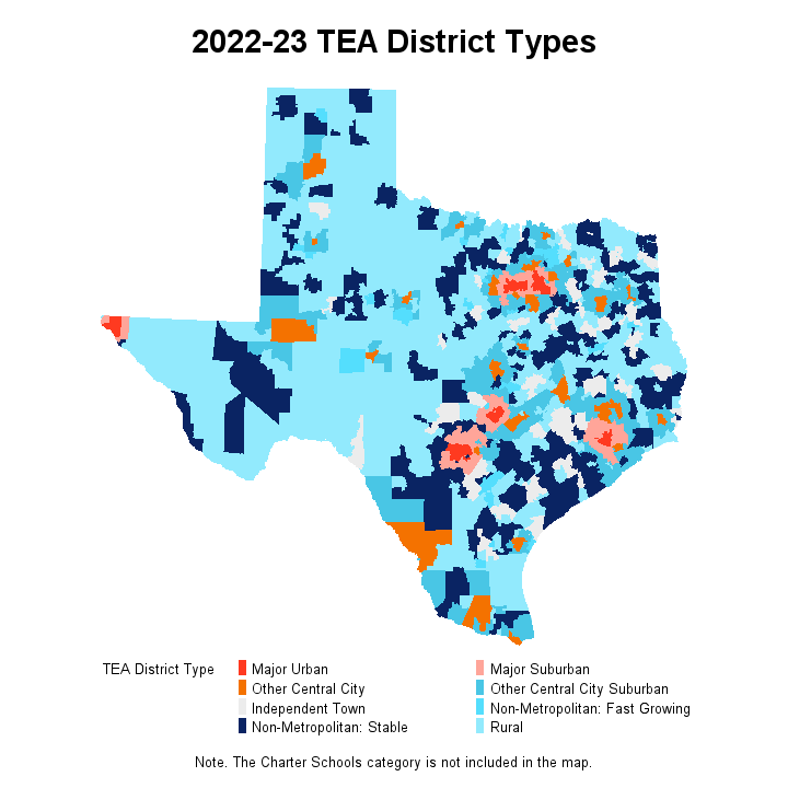 2022-23 TEA District Types. A map image of the state of Texas showing district type for each district.