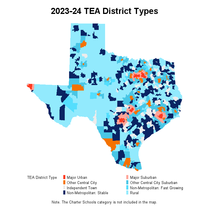 2023-24 TEA District Types. A map image of the state of Texas showing district type for each district.